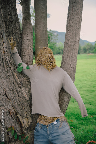Straw scarecrow dressed in a beige long-sleeve shirt, standing as a rustic symbol of countryside farming and harvest tradition.