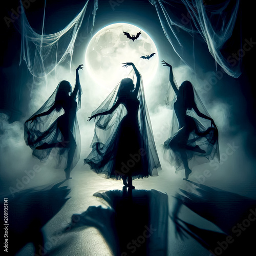 Ghostly figures and ghosts gracefully dance in a large ballroom. Halloween time