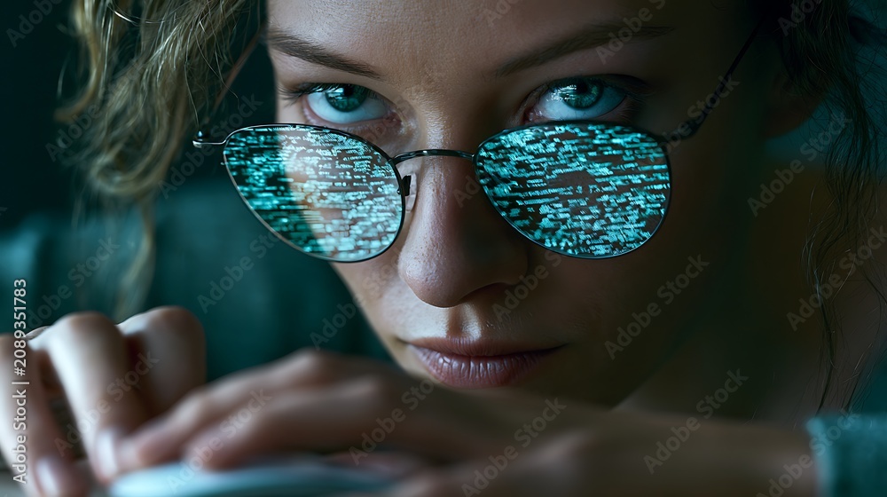 Obraz premium Prompt: A realistic fine-art portrait of a data scientist, capturing a woman studying dense, clean glowing algorithm formulas reflected symmetrically on her glasses. Shot on a Phase One XF IQ4, 