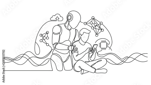 Continuous line drawing of a human interacting with a humanoid robot