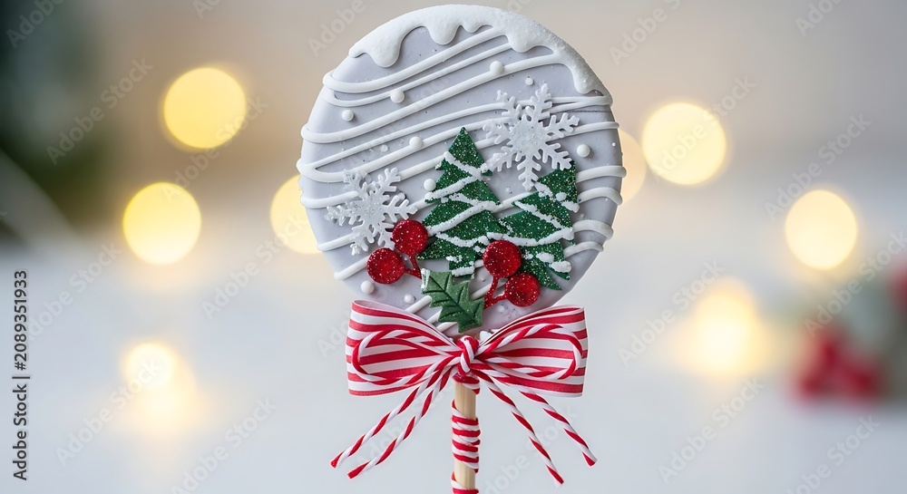 Fototapeta premium Festive Christmas cookie pop decorated with trees and berries against bokeh lights.