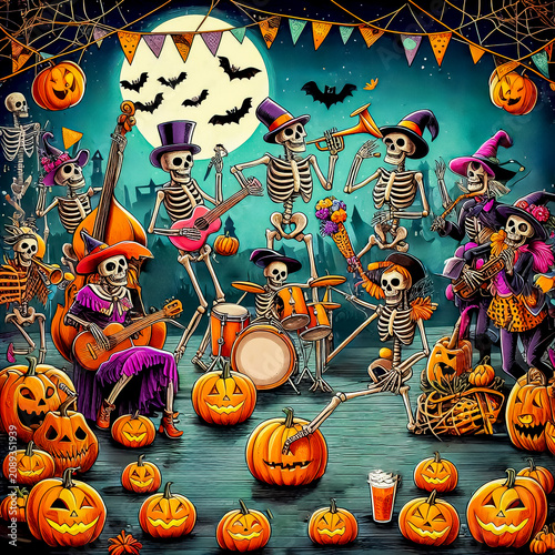 skeleton party festively dressed skeletons at a ball in honor of Halloween celebration, festive paraphernalia, horrible creature, moonlight, pumpkin face, candles and fireworks Halloween time