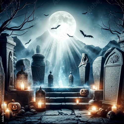 tombs and sarcophagi In the eerie moonlight of the crypt pumpkin face and candles mystical figures time Halloween