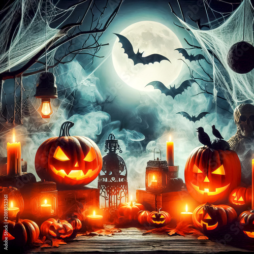 Halloween time image of Halloween related items magical items books pumpkin lanterns candles witch hats fog and cobwebs gloomy fairy lights spiders and cats