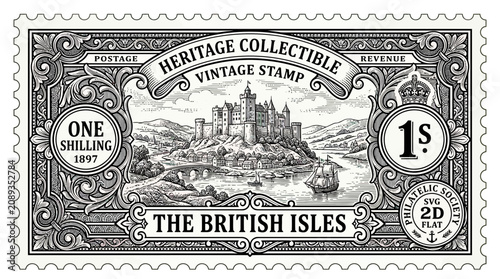 Canvas-taulu Vintage British Isles Stamp Illustration - Castle, Ship, Landscape