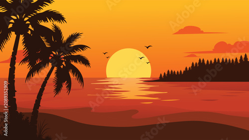 Billede på lærred Warm Golden Tropical Sunset Flat Vector Landscape Banner With Palm Trees Silhoue