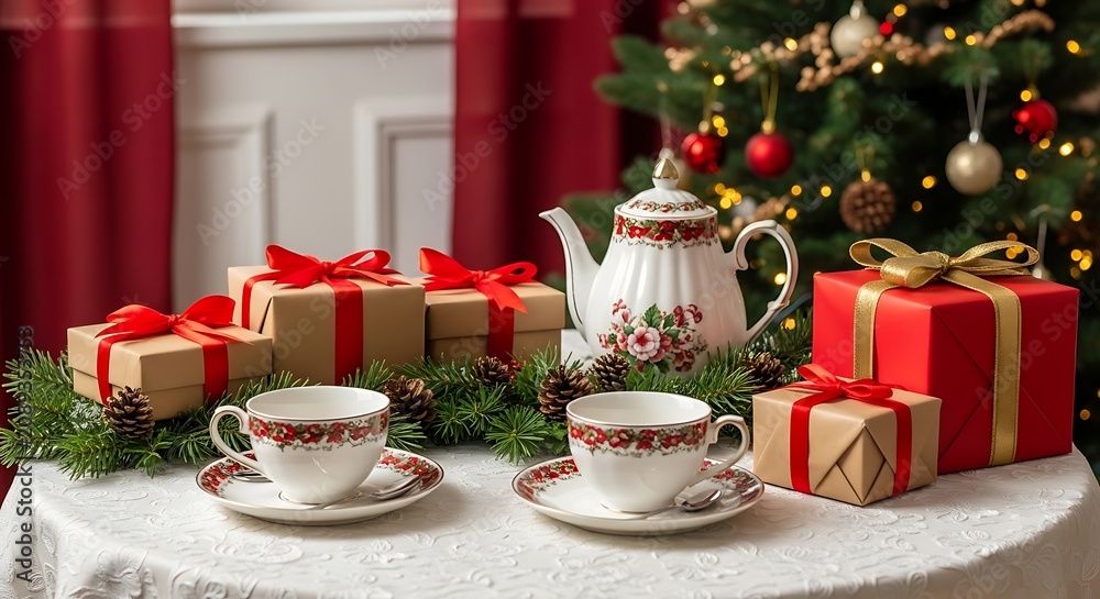 Fototapeta premium Festive Christmas tea set with teapot cups and gifts by decorated tree.