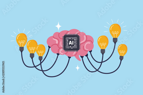Machine learning AI Artificial Intelligence to generate new creative idea, innovative wisdom, imagination or cognition to think, tech genius network, AI brain generate network lightbulb smart idea.