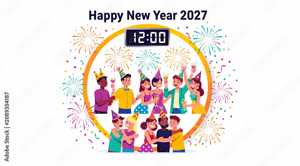 Fototapeta premium Happy New Year 2027 Celebration with Diverse Friends and Fireworks Countdown