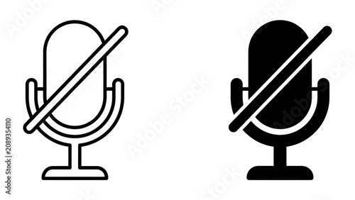 Cuadro en lienzo Muted Microphone Icon: A set of two microphone icons, one in outline and one in solid black, both clearly marked with a diagonal line indicating they are muted or off