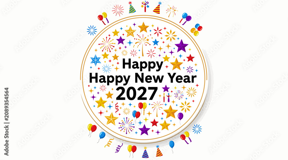 Fototapeta premium Happy New Year 2027 Celebration with Fireworks, Stars and Balloons