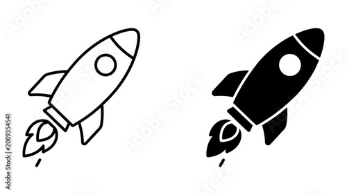 Fotografie Rocket Icons: A simple graphic representation of a rocket in flight, with fiery exhaust, available in both outline and solid black