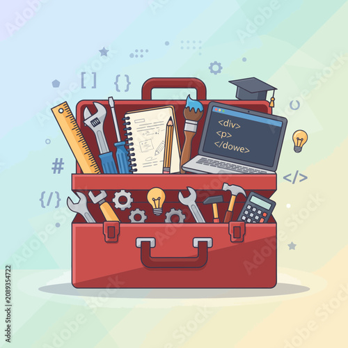 Red toolbox filled with web development tools, laptop with code, paintbrush, and gears representing digital creation