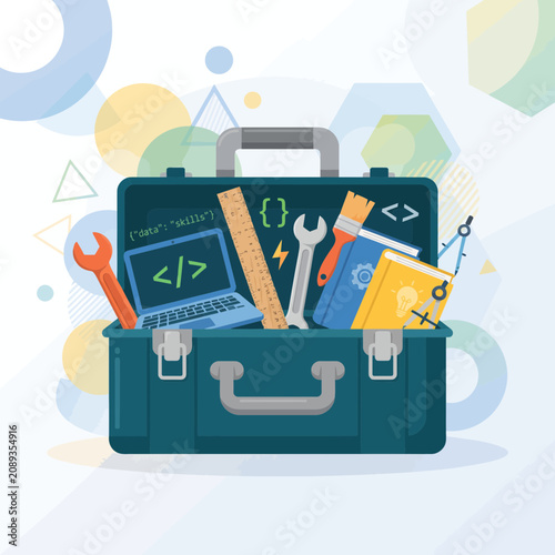 Flat Design Digital Web Developer and Designer Toolbox Concept with Code, Laptop, and Creative Tools