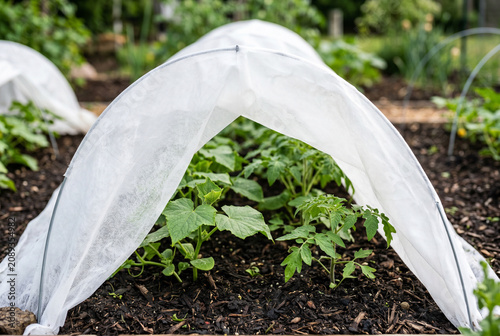 Seedling protection with white garden row cover hoops over young vegetable plants for organic garden bed and season extension background