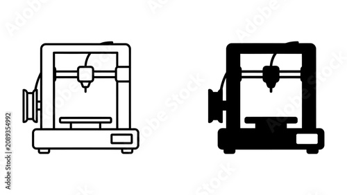 3D Printer Icon Pair: A clean and modern set of icons representing a 3D printer, presented in both outline and solid black versions for versatile design application.
