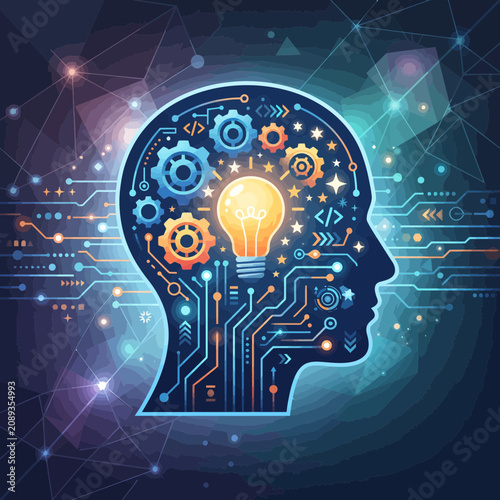 Digital human brain silhouette featuring glowing light bulb and mechanical gears for cognitive technology and creative ideas