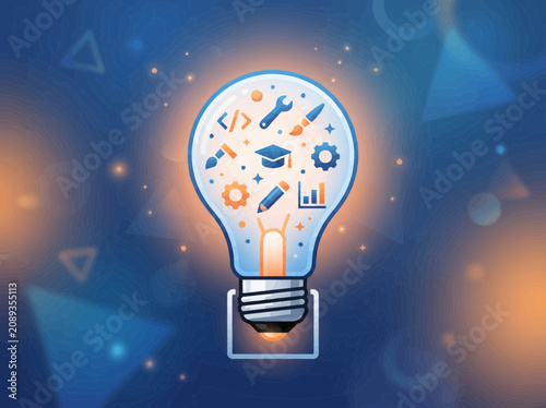 Creative light bulb illustration featuring technology, education, and industry icons representing innovative ideas and skill development