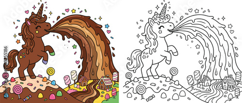 Tableau sur toile Kawaii Chocolate Unicorn Spouting Melting Chocolate River in Candy Land Color an
