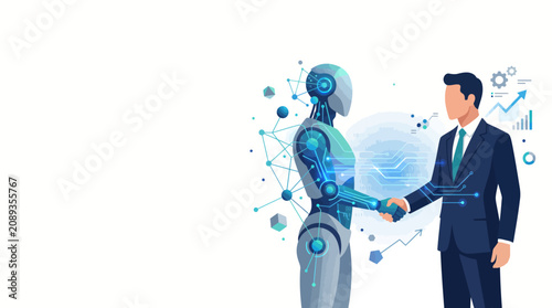 Businessman shaking hands with futuristic robot representing human and AI artificial intelligence partnership