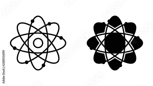 Schilderij op canvas Atom Symbol Variation: Two stylized atomic orbit symbols, one with clear electrons and a nucleus, the other a darker, more abstract interpretation, representing scientific concepts
