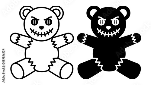 Photos Creepy Teddy Bears Duo: A pair of eerie teddy bears, one outlined in black and white and the other a solid black silhouette, stare with sinister grins and menacing button eyes