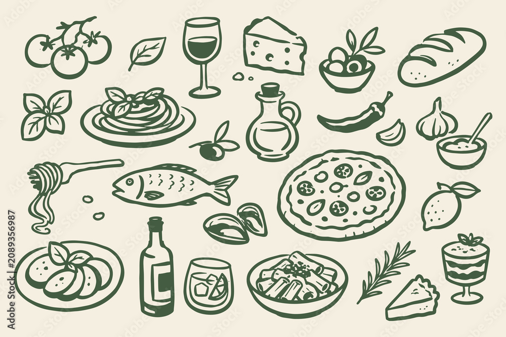 Fototapeta premium Mediterranean Food Icon Set Hand Drawn Vector Illustration