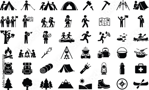 Collection of black camping and outdoor activity flat icons on a white background outdoors hiking backpacking mountaineering trekking wilderness adventure travel exploration