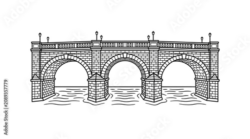 Stone Arch Bridge Over Water - Black and White Illustration