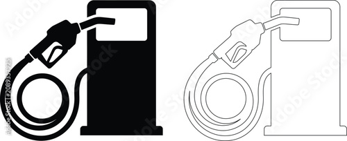 Vector icon set features a gas station fuel pump with a nozzle and hose, presented in both solid black silhouette and simple line outline styles for automotive design.