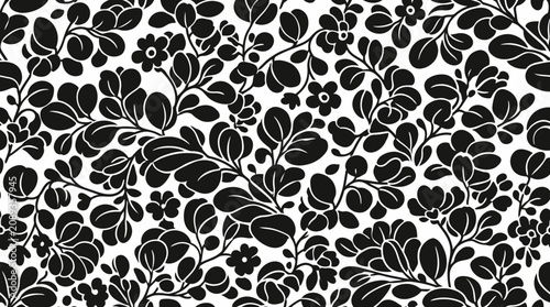 Billede på lærred Seamless monochrome floral pattern with intricate black leaves and flowers