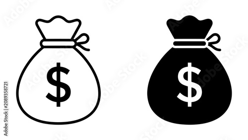 Photos Money Bag Icon: Two money bag icons, one outlined and one solid black, both featuring a prominent dollar sign, representing wealth and financial transactions