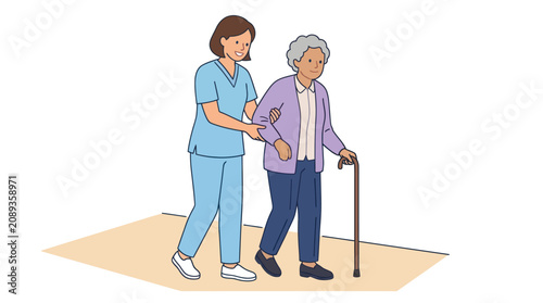 Female nurse helping elderly woman with walking cane.