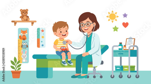 Foto Female pediatrician examining a young boy in a clinic.