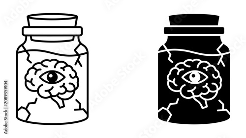 Foto Brain in a Bottle Illustration: Two stylized illustrations depict a brain with an eye inside, encased in a cracked glass bottle