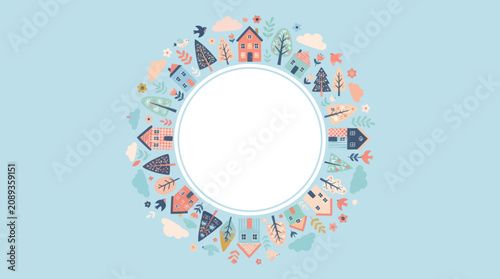 Floral and house wreath with central copy space.