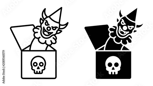 Fotografie Jack in the Box Icons: Two stylized illustrations of a Jack-in-the-box toy, one in outline and the other as a silhouette, both featuring a creepy clown emerging from a box marked with a skull symbol