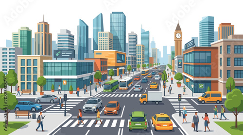 Busy City Street with Traffic, Pedestrians, and Modern Buildings