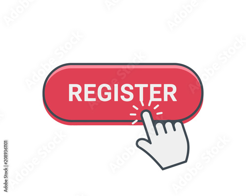Red register button with a hand cursor clicking on a white background for web interface design