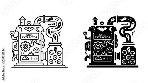 Tableau sur toile Soul Extraction Machine: A whimsical and spooky illustration of a mechanical contraption designed for soul extraction, complete with gears, gauges, ghostly apparitions