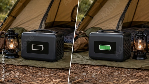 Dead camping battery and charged power pack inside tent
