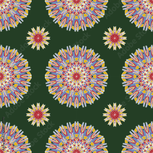 Intricate seamless mandala with colorful layered petals on a deep green background. Ideal for fabric, wallpaper, apparel, gift wrap, home décor, packaging, and surface design.