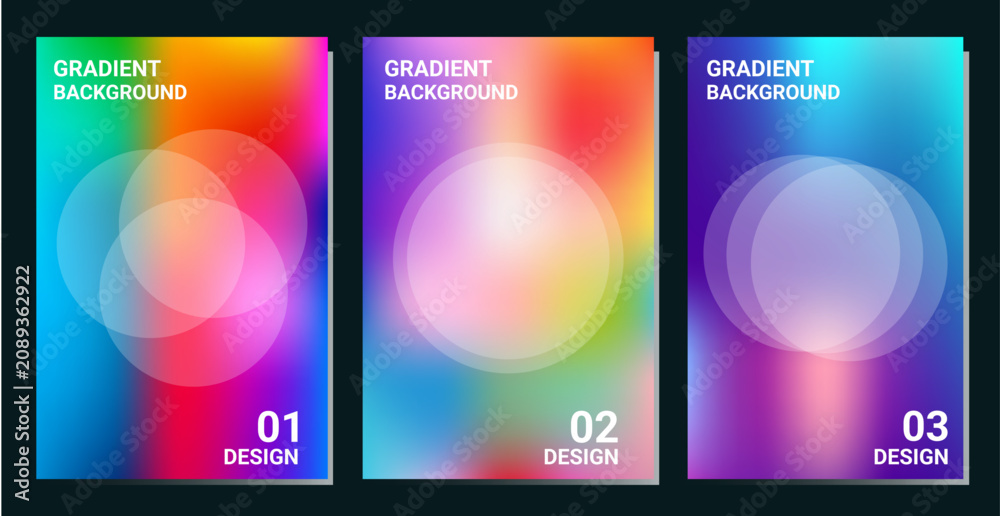 Fototapeta premium Three vibrant gradient backgrounds with circular shapes and numbered design elements