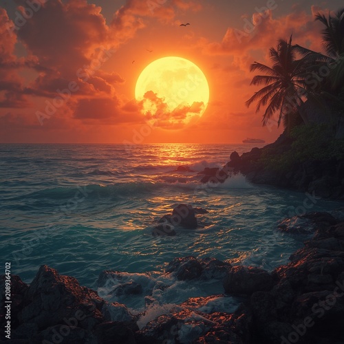 Peaceful Tropical Coastline with Glowing Sunset and Calm Ocean
