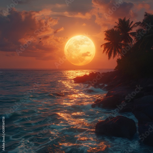 Peaceful Tropical Coastline with Glowing Sunset and Calm Ocean