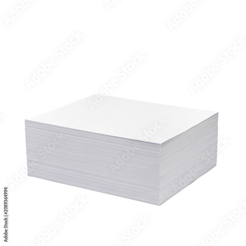 A large, thick stack of blank white paper sheets, neatly aligned and viewed from an elevated angle, isolated on a clean white background surface