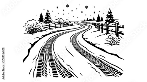 Snowy winter road with tire tracks and falling snowflakes, rural landscape