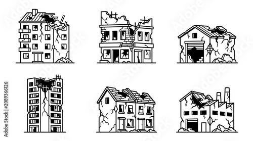 Set of Damaged Buildings Icons, Destroyed Houses, Urban Destruction Vector Illustration
