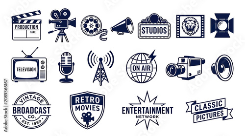 Vintage Cinema and Broadcast Icons: Film, TV, Radio, and Studio Symbols