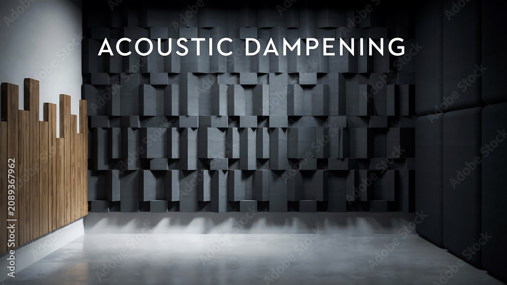 Fototapeta premium Acoustic dampening soundproofing materials in a room with wooden panels on the wall and a concrete floor sound absorption technology